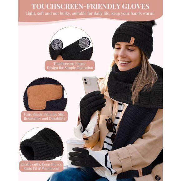Women\'s Winter Beanie Scarf Gloves Set Acrylic Fleece Lined Gift UK